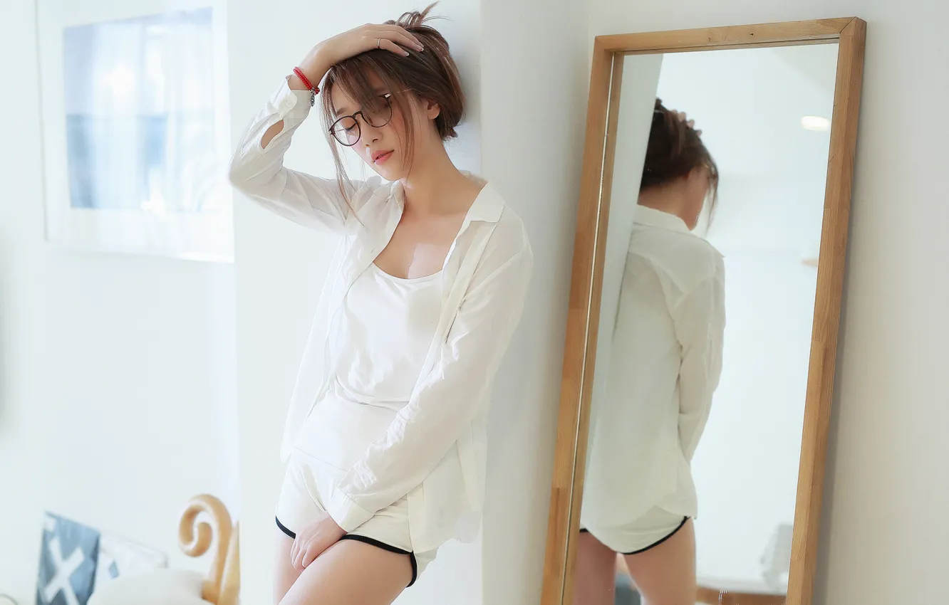 Photo wallpaper pose, reflection, mirror, glasses, blouse, Asian