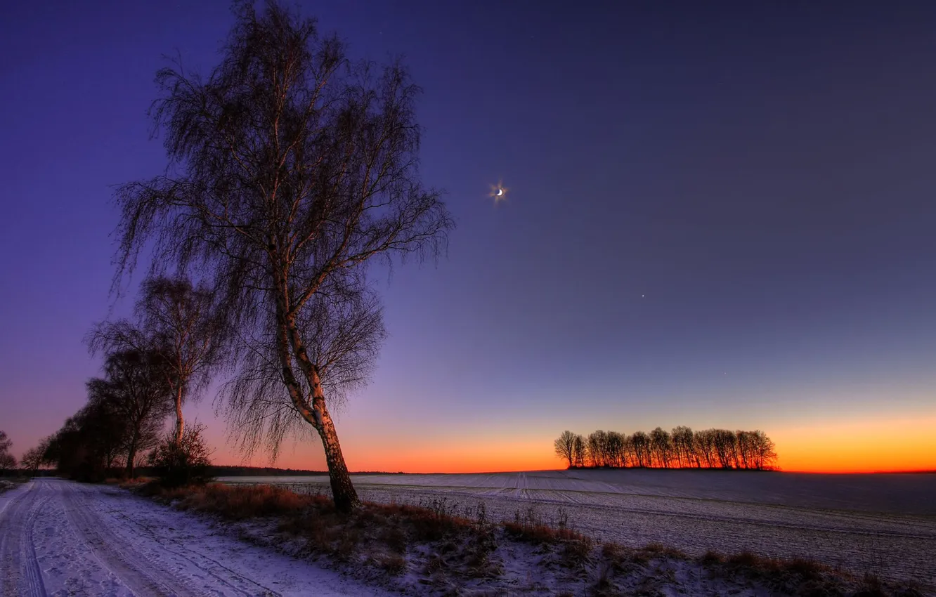 Photo wallpaper winter, landscape, sunset, night