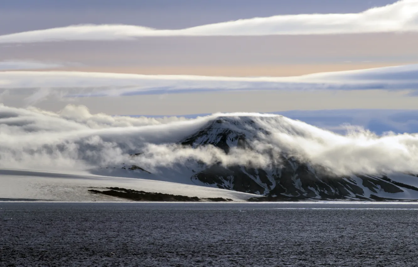 Photo wallpaper sea, the sky, clouds, snow, mountains, shore, Franz-Joseph