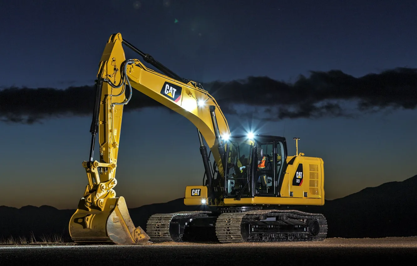 Photo wallpaper the sky, light, night, lights, excavator, caterpillar, bucket, CAT