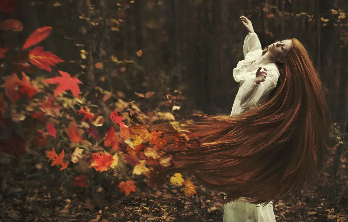 Photo wallpaper autumn, leaves, girl, hair, the situation