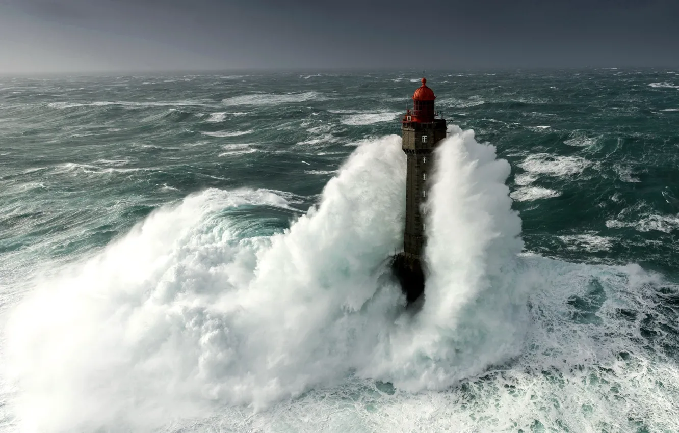 Photo wallpaper waves, storm, sky, sea, water, clouds, lighthouse