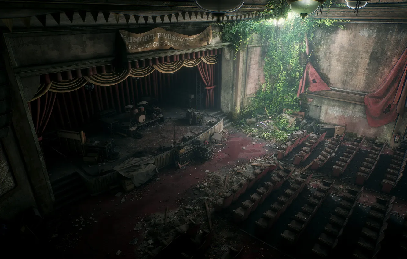Photo wallpaper The Last of Us, Naughty Dog, stage, post apocalyptic, concert, instruments, Game Art, Abandoned Theater