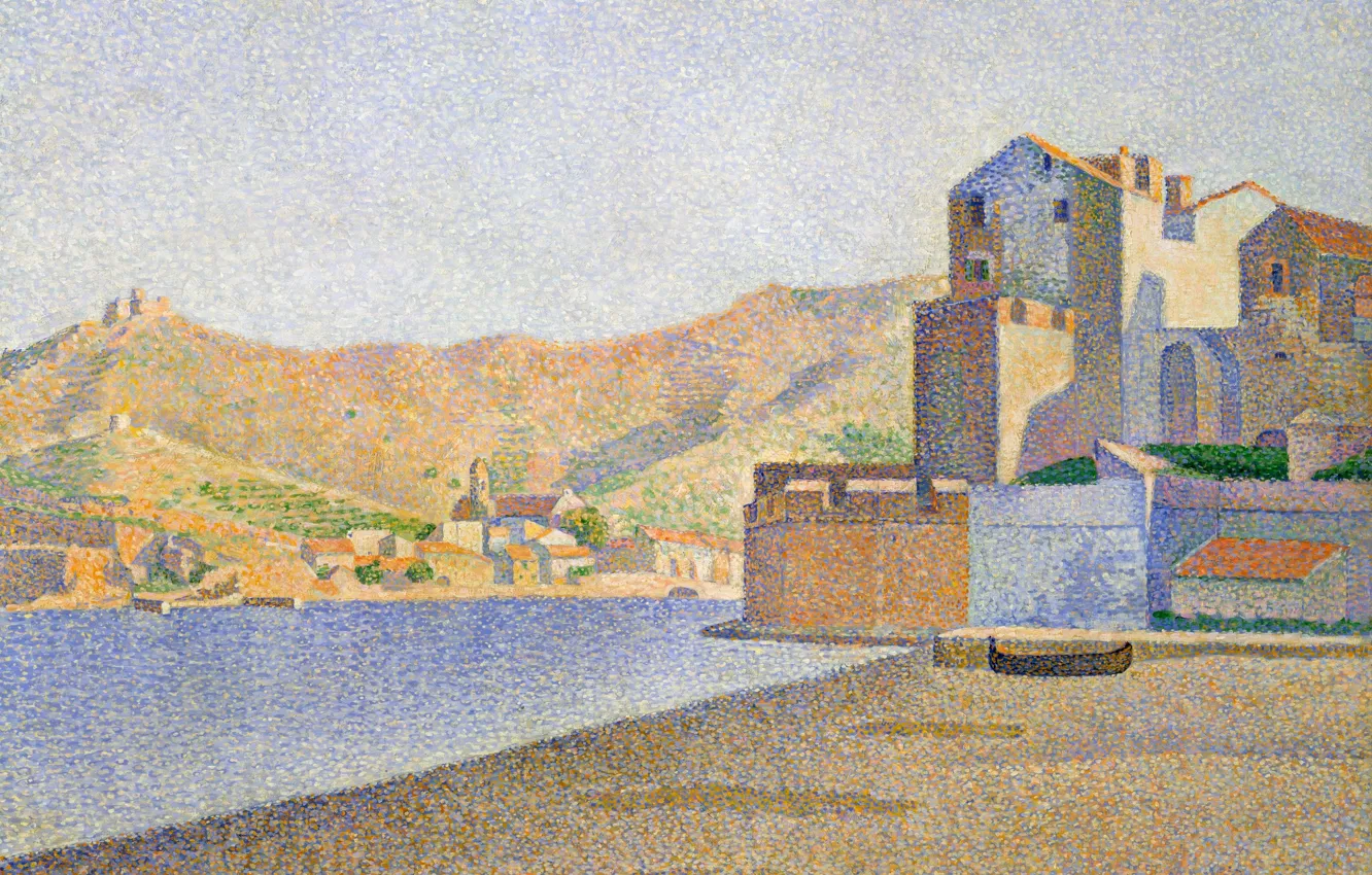 Photo wallpaper sea, landscape, mountains, shore, home, picture, Paul Signac, pointillism