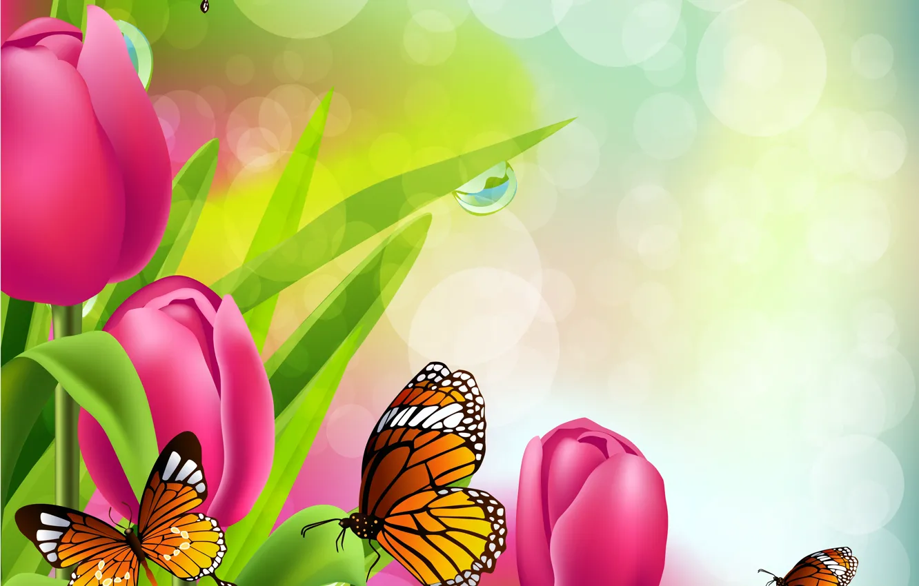 Photo wallpaper butterfly, Tulips, Rendering
