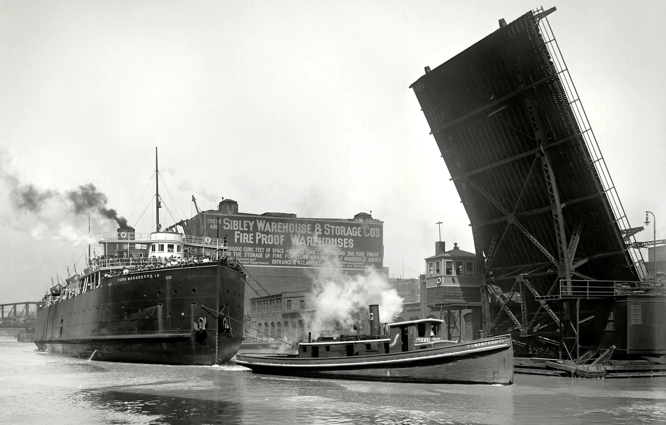 Photo wallpaper retro, ship, tug, steamer, USA, drawbridge