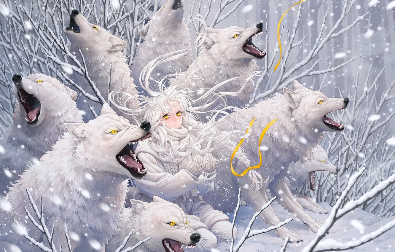 Photo wallpaper predator, wool, mouth, fangs, grin, baby, yellow eyes, a pack of wolves