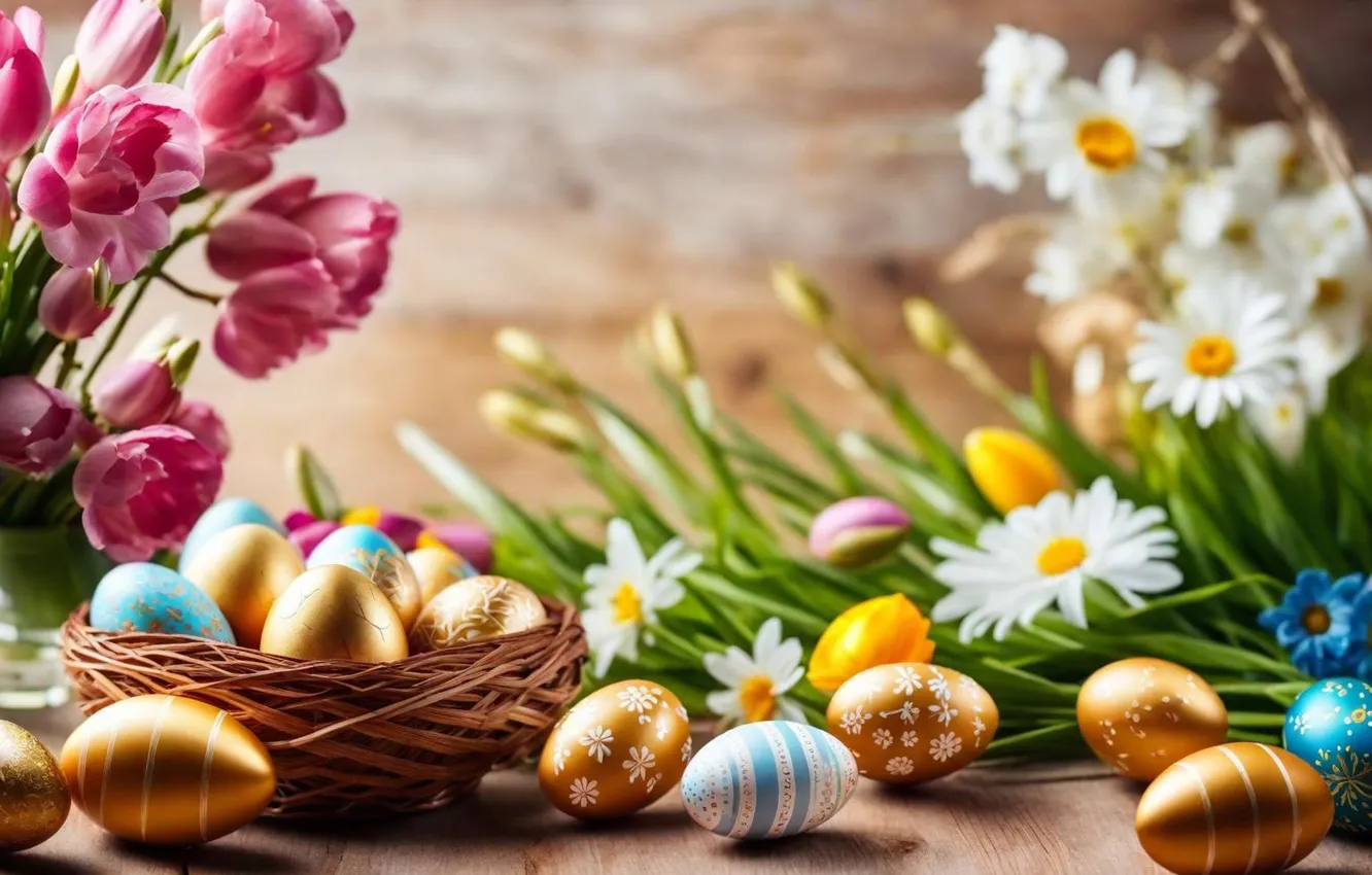 Photo wallpaper flowers, eggs, spring, colorful, Easter, flowers, spring, Easter
