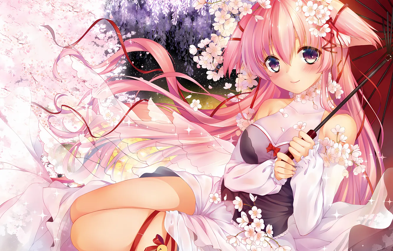 Photo wallpaper girl, pink hair, long hair, dress, boobs, animal ears, umbrella, anime