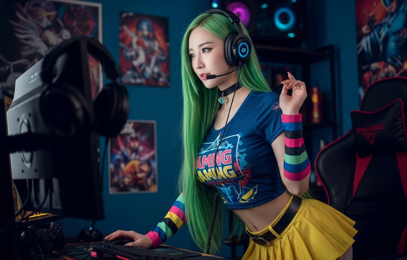 Photo wallpaper headphones, asian, shirt, green hair, miniskirt, choker, gaming chair, AI Art