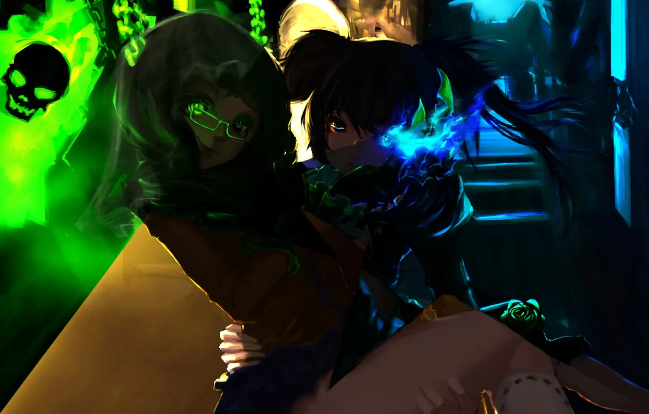 Photo wallpaper girl, flowers, skull, roses, anime, art, glasses, black rock shooter