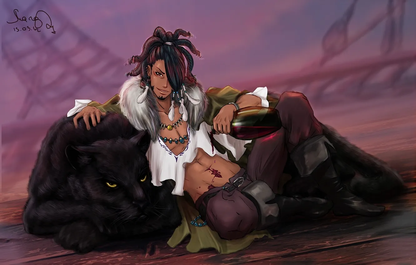 Photo wallpaper cat, wine, predator, art, guy, vlastika, brave 10, jinpachi nezu