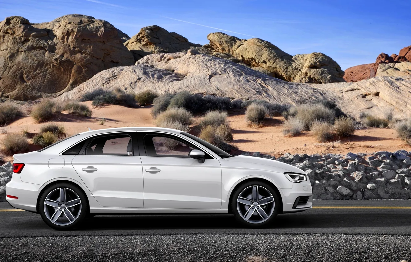 Photo wallpaper auto, white, stones, Audi, the door, day, sedan, side view