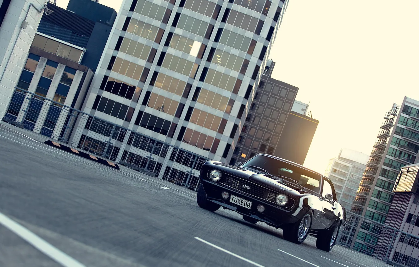 Photo wallpaper the city, black, skyscrapers, Chevrolet, Camaro, Chevrolet, muscle car, black