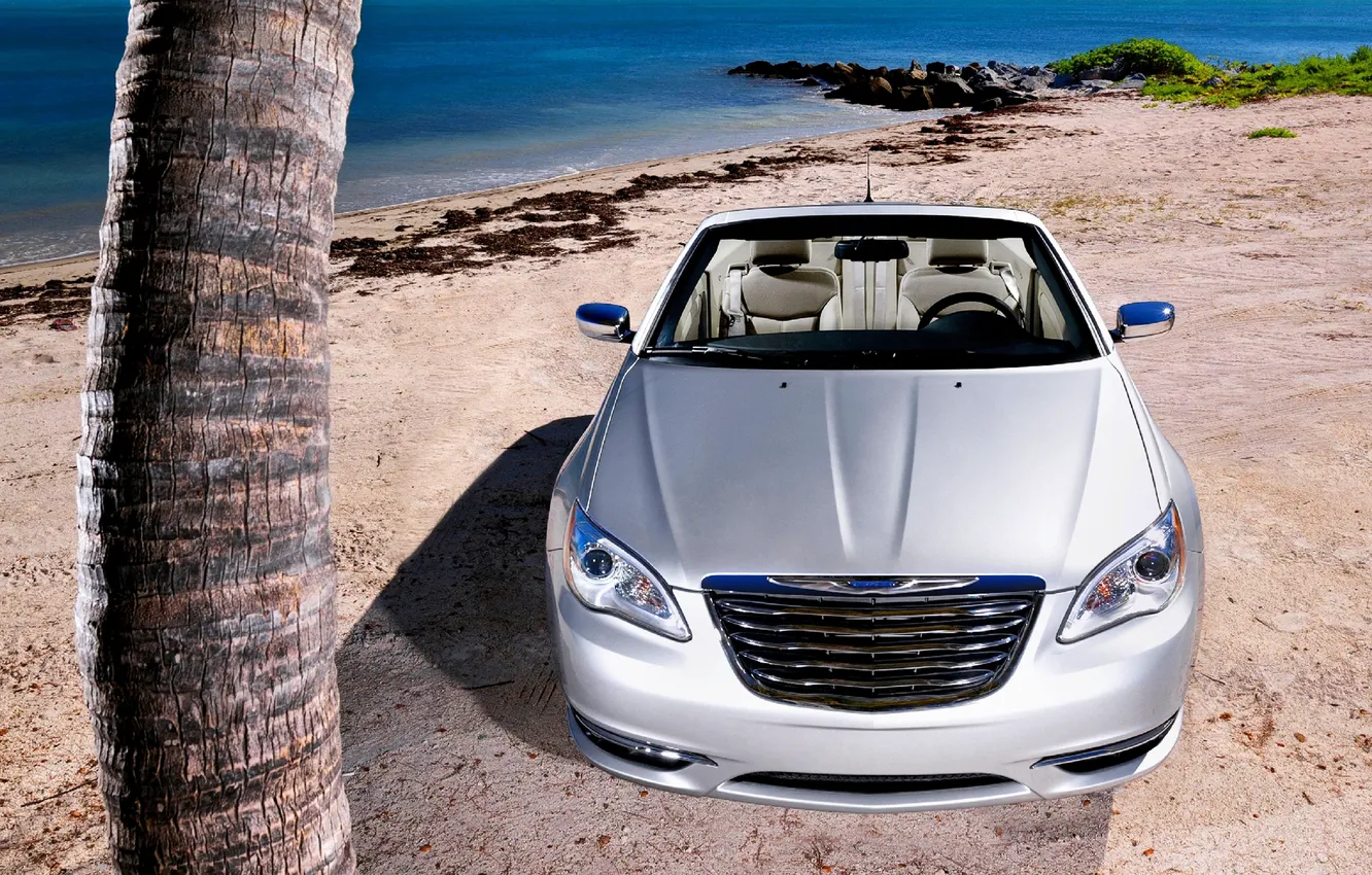 Photo wallpaper sea, machine, beach, trees, grey, lights, Chrysler, The hood