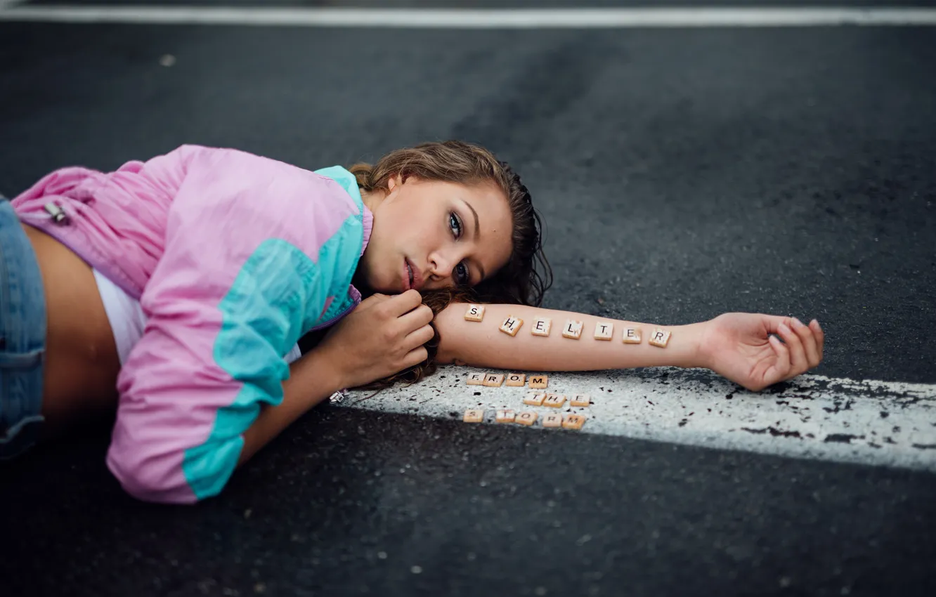 Photo wallpaper road, eyes, look, girl, face, the inscription, lies