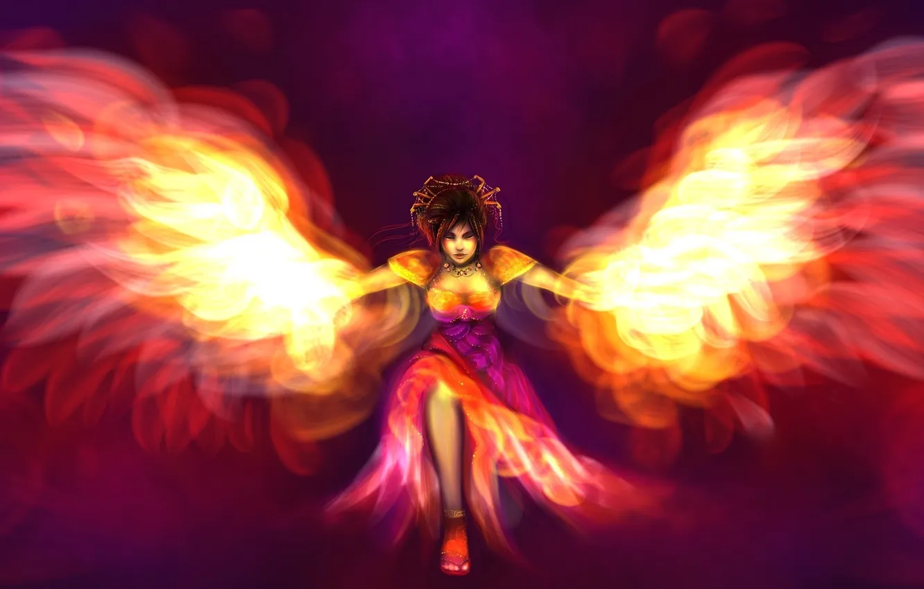 Photo wallpaper girl, face, lights, fiction, flame, wings, dress, hairstyle