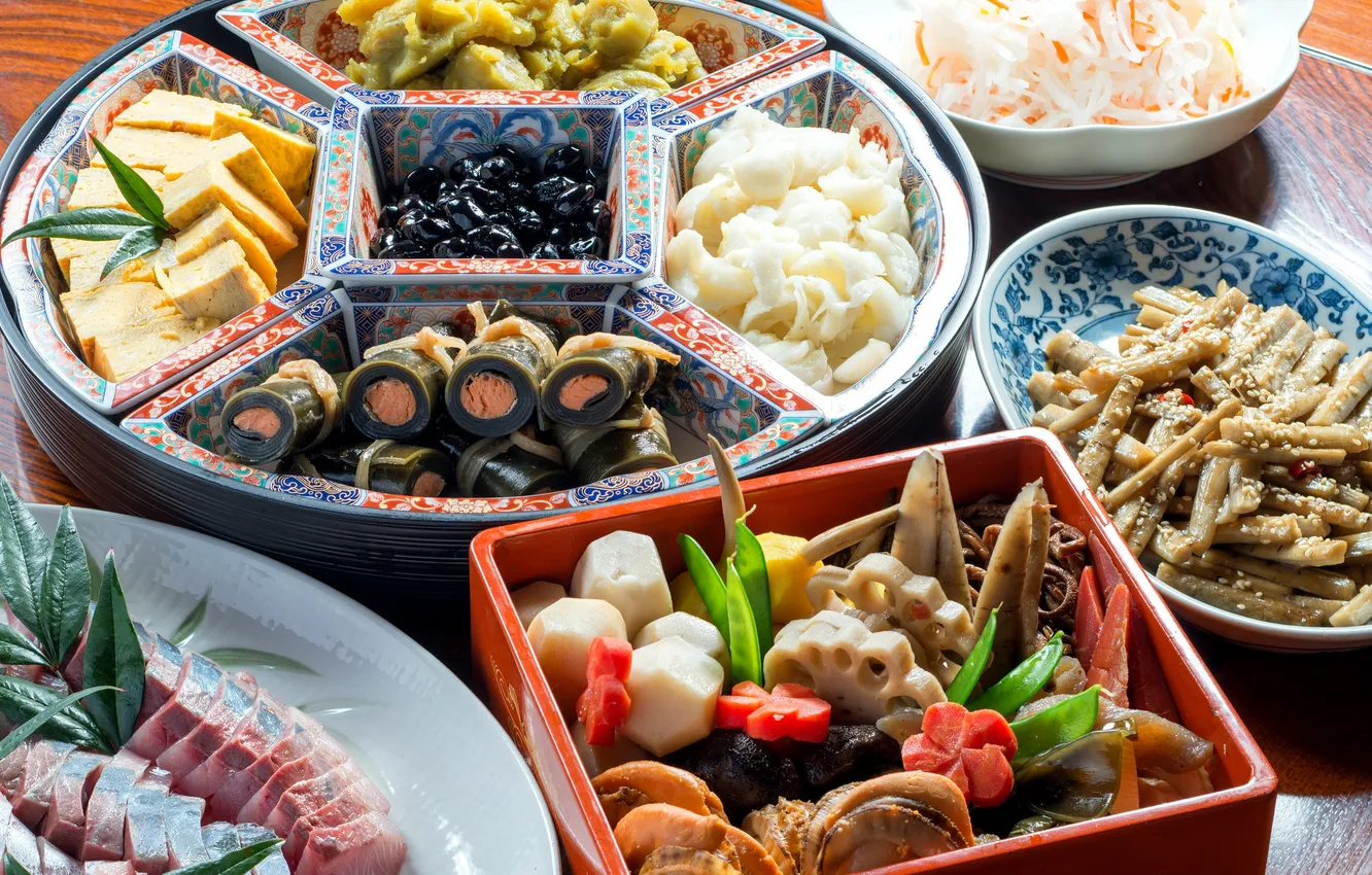 Photo wallpaper Lotus, vegetables, dish, rolls, seafood, Japanese cuisine, cuts, tofu