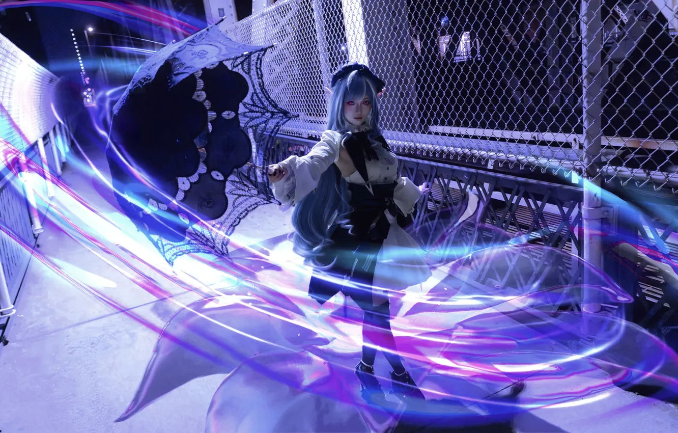 Photo wallpaper umbrella, red eyes, women, cosplay, asian, looking at viewer, Zenless Zone Zero, sora.sparrow