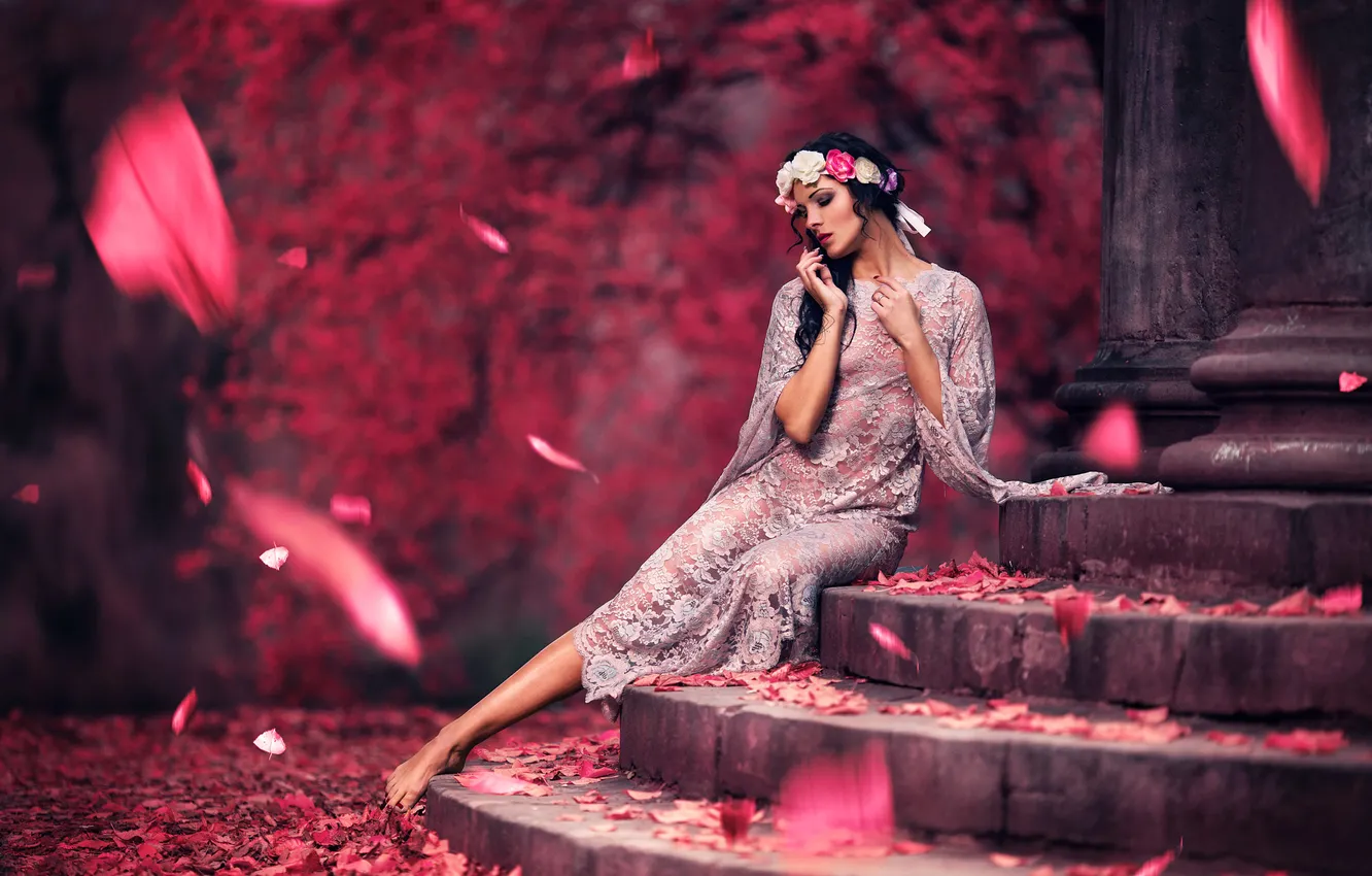 Photo wallpaper autumn, leaves, girl, flowers, style, Park, feet, building