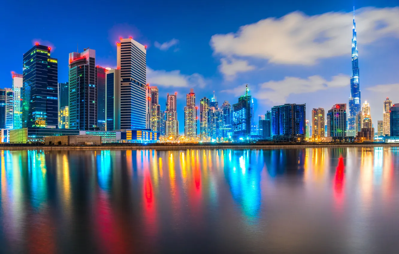 Photo wallpaper night, the city, lights, Dubai