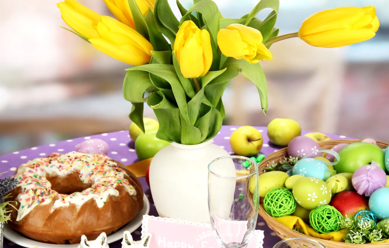 Photo wallpaper flowers, spring, Easter, tulips, flowers, cakes, tulips, spring