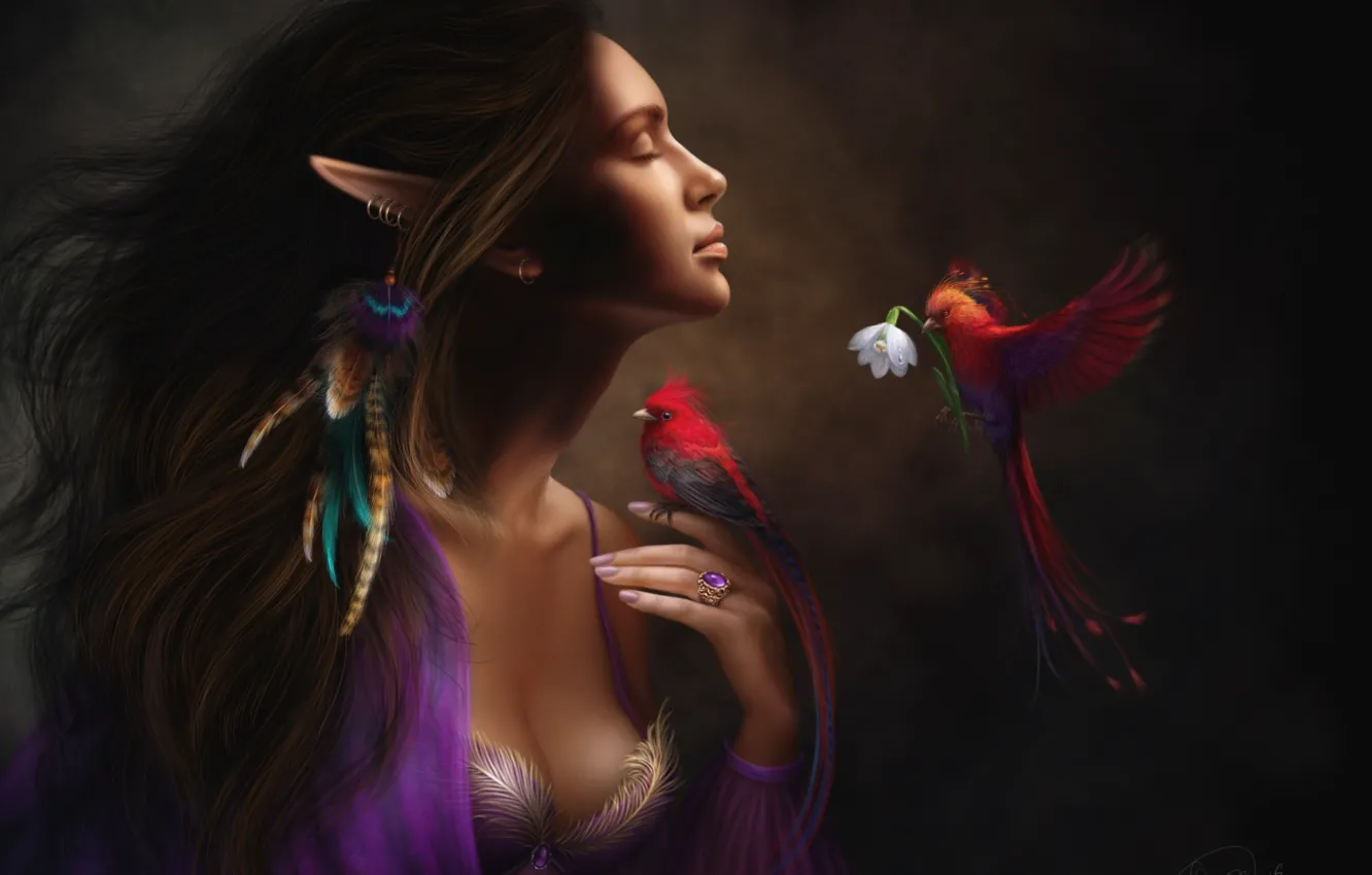 Photo wallpaper girl, flowers, mood, bird, elf, feathers