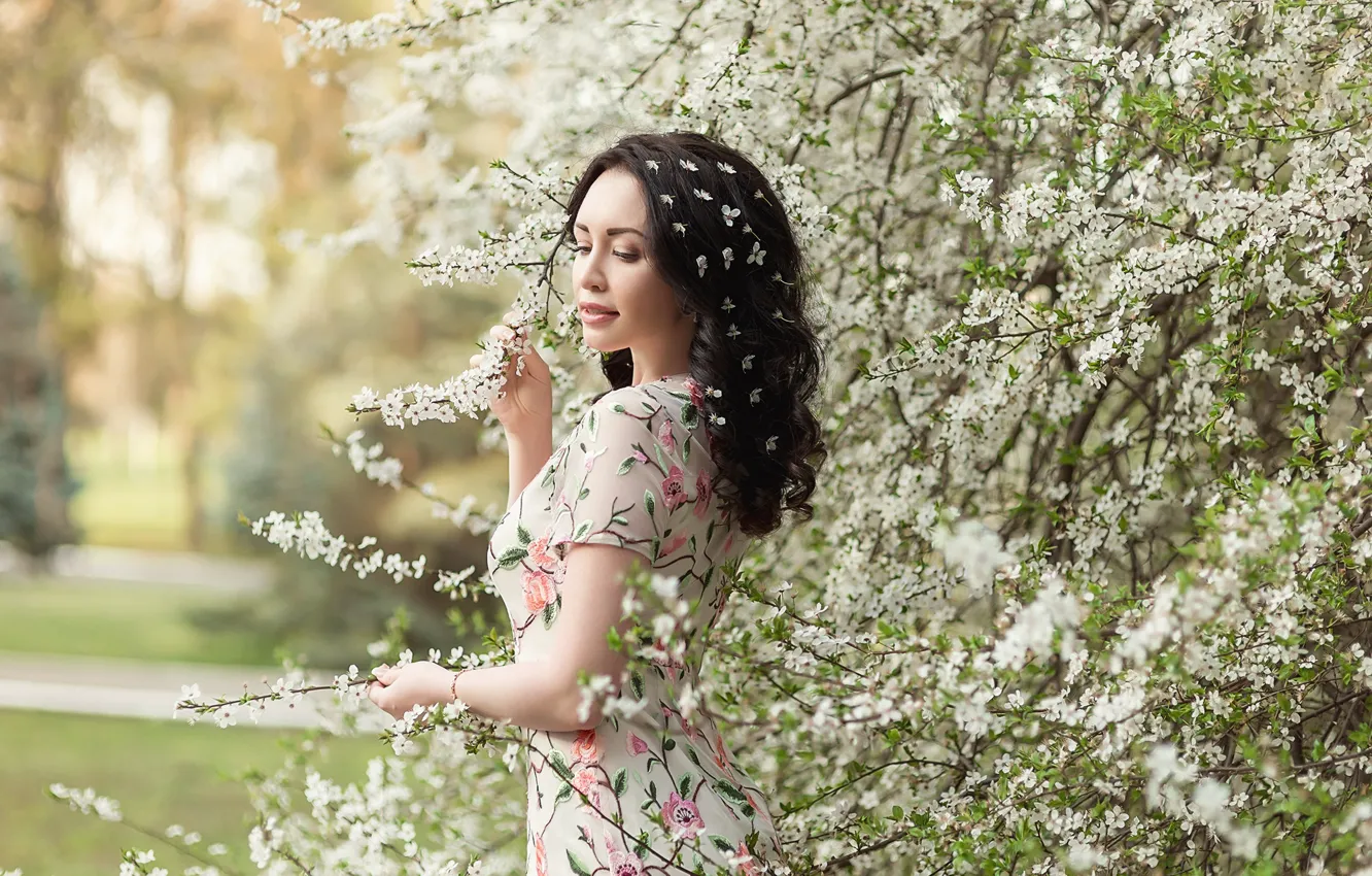 Photo wallpaper flowers, A Diakov George, pretty, dress, brunette