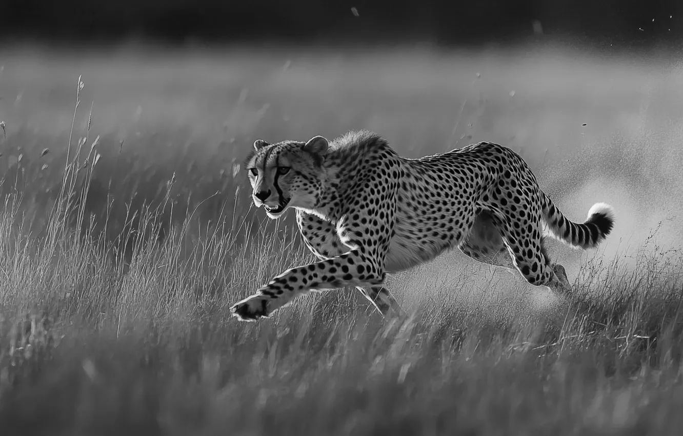 Photo wallpaper grass, predator, running, Cheetah, black and white, big cat, digital art, AI art