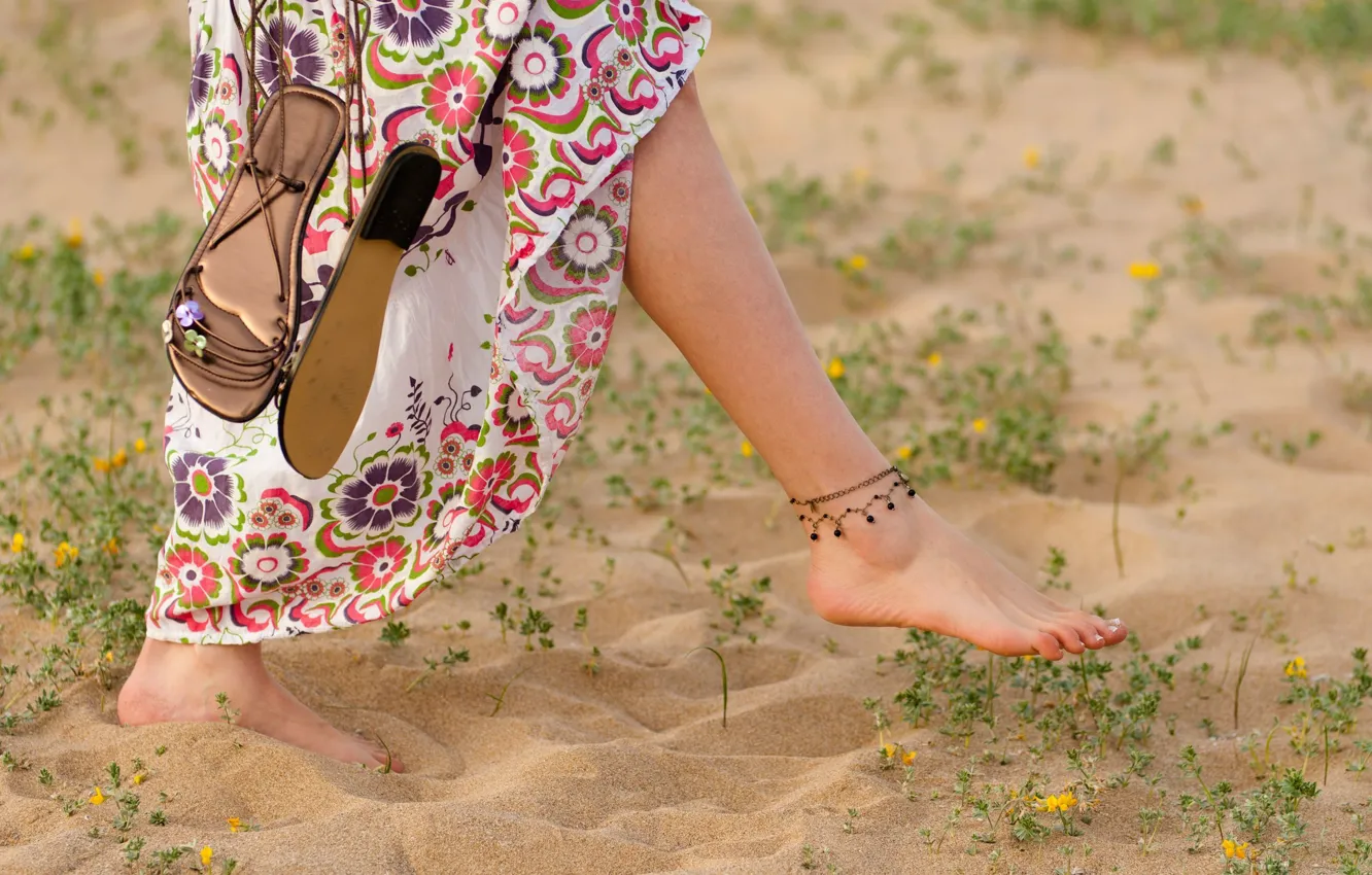 Photo wallpaper sand, summer, girl, girl, legs, beach, feet, walking