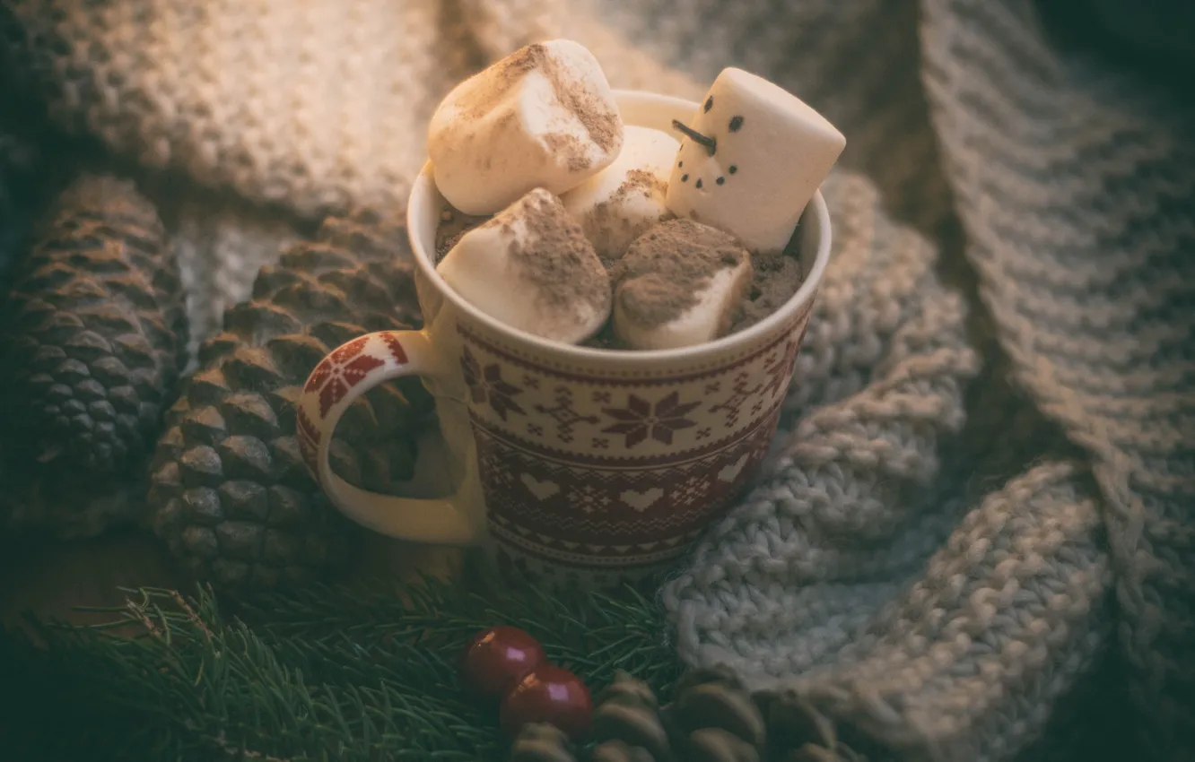 Photo wallpaper mood, Christmas, mug, snowman, bumps, hot chocolate, marshmallows, marshmallow