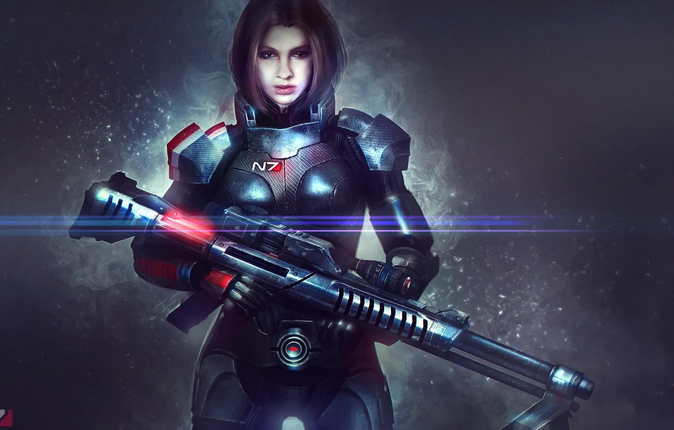 Photo wallpaper girl, weapons, armor, mass effect, shepard, art, sniper rifle
