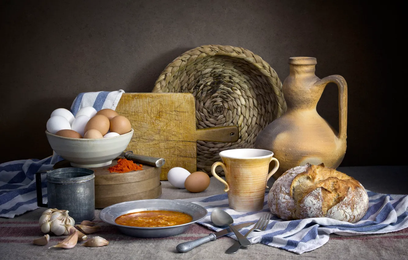 Photo wallpaper the dark background, food, eggs, plate, bread, soup, dishes, pitcher
