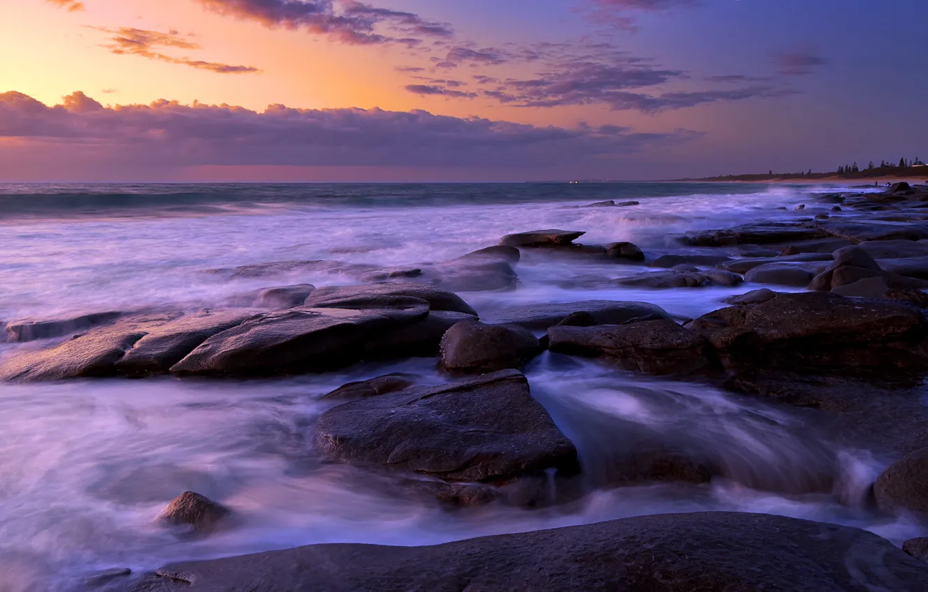 Photo wallpaper sea, landscape, night, stones
