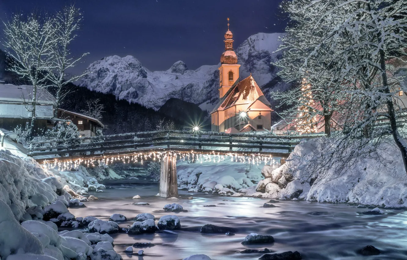 Photo wallpaper winter, the sky, snow, landscape, mountains, night, nature, river