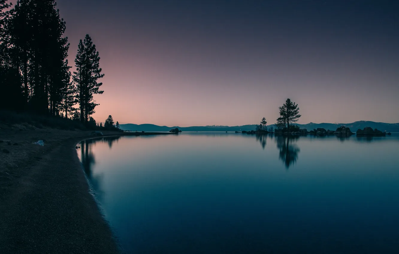 Photo wallpaper forest, the sky, trees, landscape, sunset, nature, lake, lights