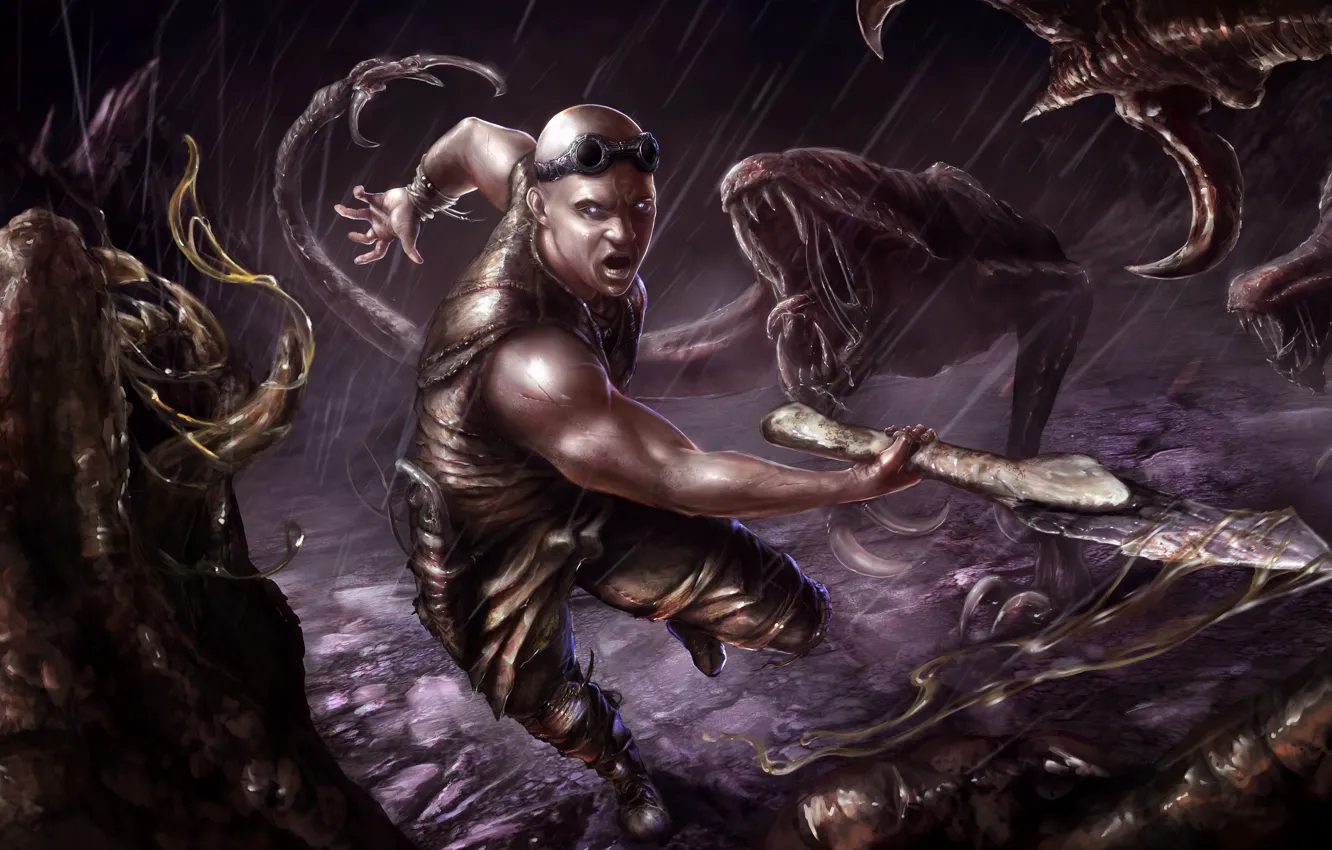 Photo wallpaper eyes, weapons, fiction, monster, art, glasses, thing, Riddick