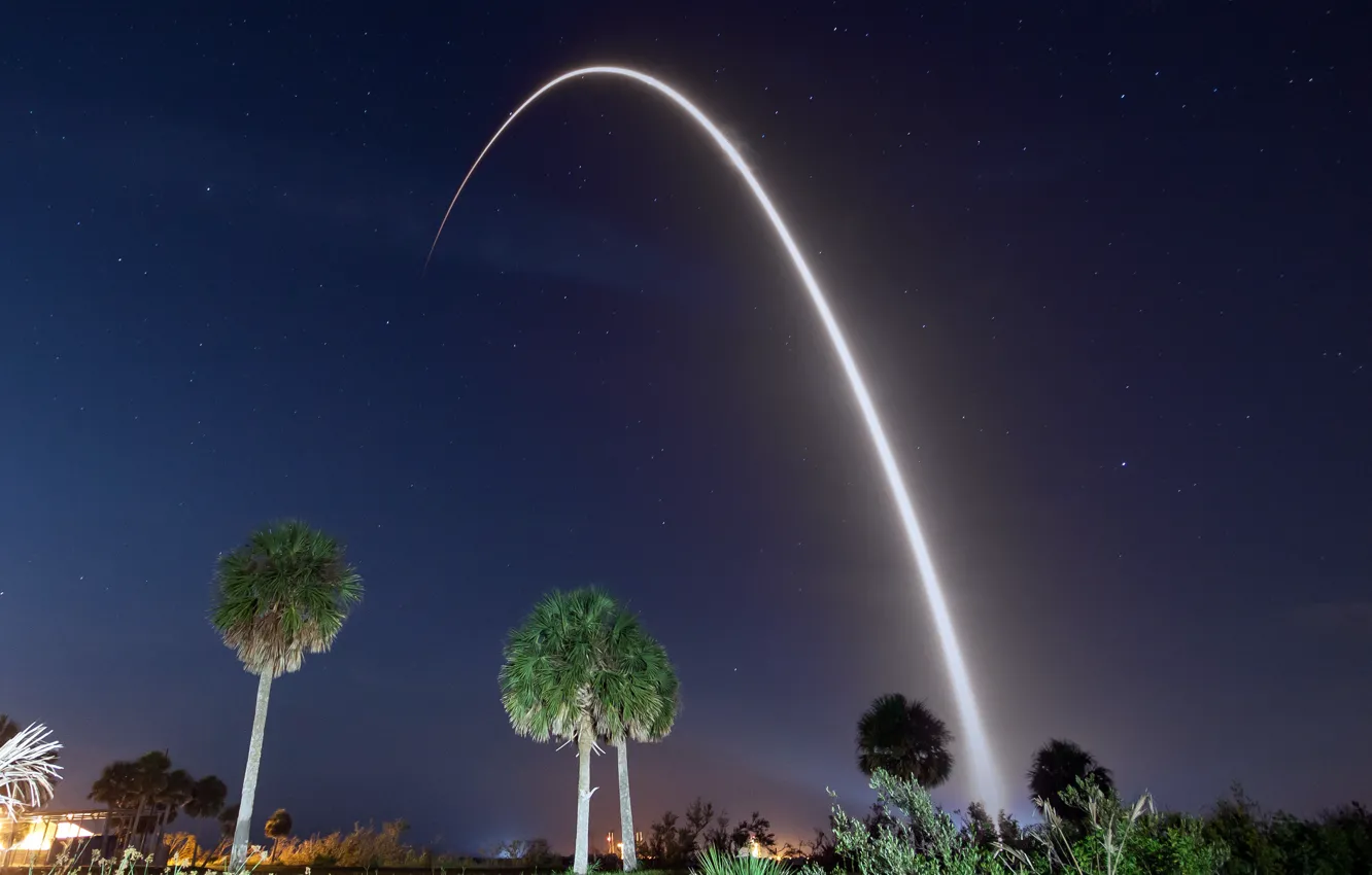 Photo wallpaper sky, photography, trees, landscape, night, stars, SpaceX, Rocket