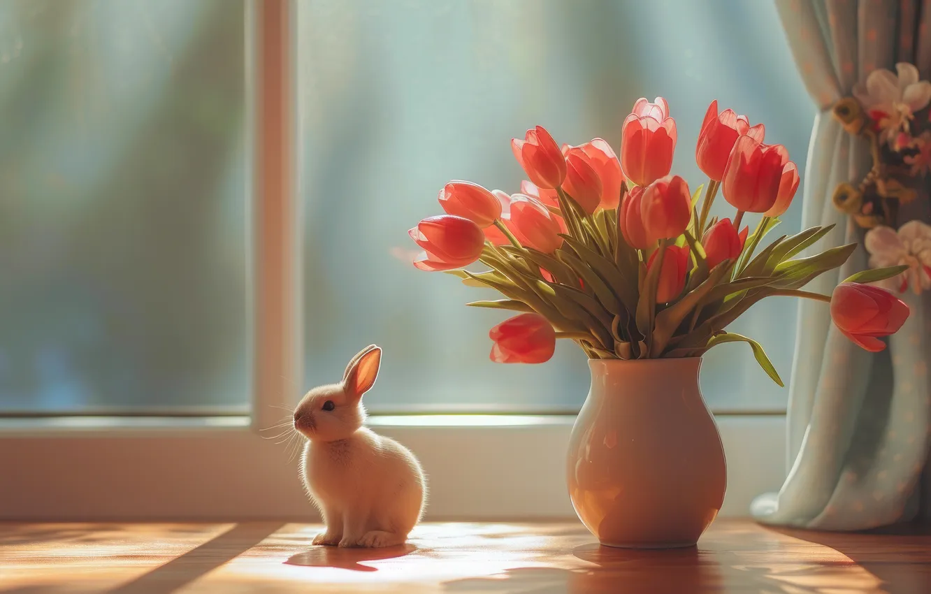 Photo wallpaper flowers, holiday, bouquet, spring, rabbit, Easter, tulips, AI art