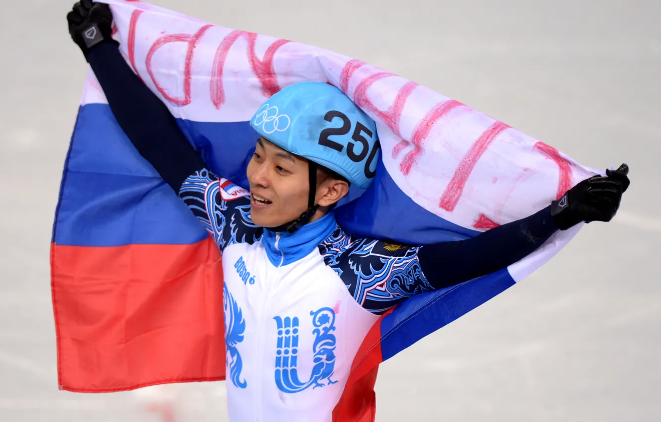 Photo wallpaper flag, Olympics, gold medal, Olympic games, Sochi 2014, sochi 2014, Viktor Ahn, FIVE-TIME CHAMPION