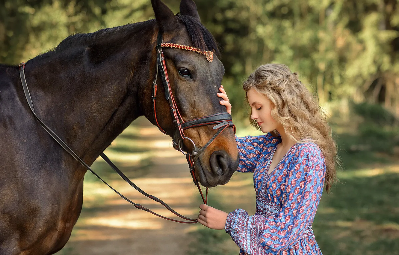 Photo wallpaper summer, girl, nature, animal, horse, horse, dress, blonde