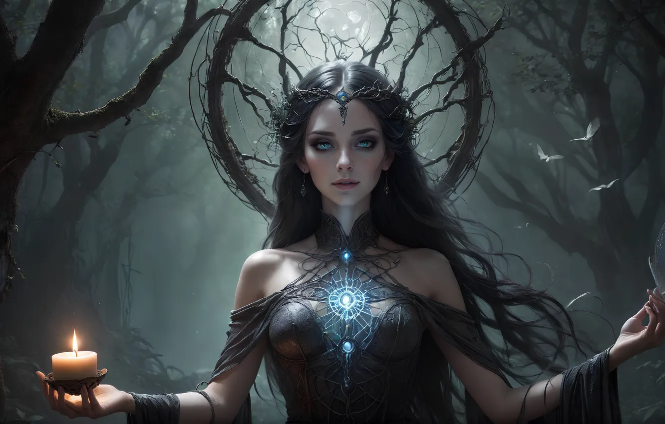 Photo wallpaper women, candles, black hair, necromancer, looking at viewer, AI Art