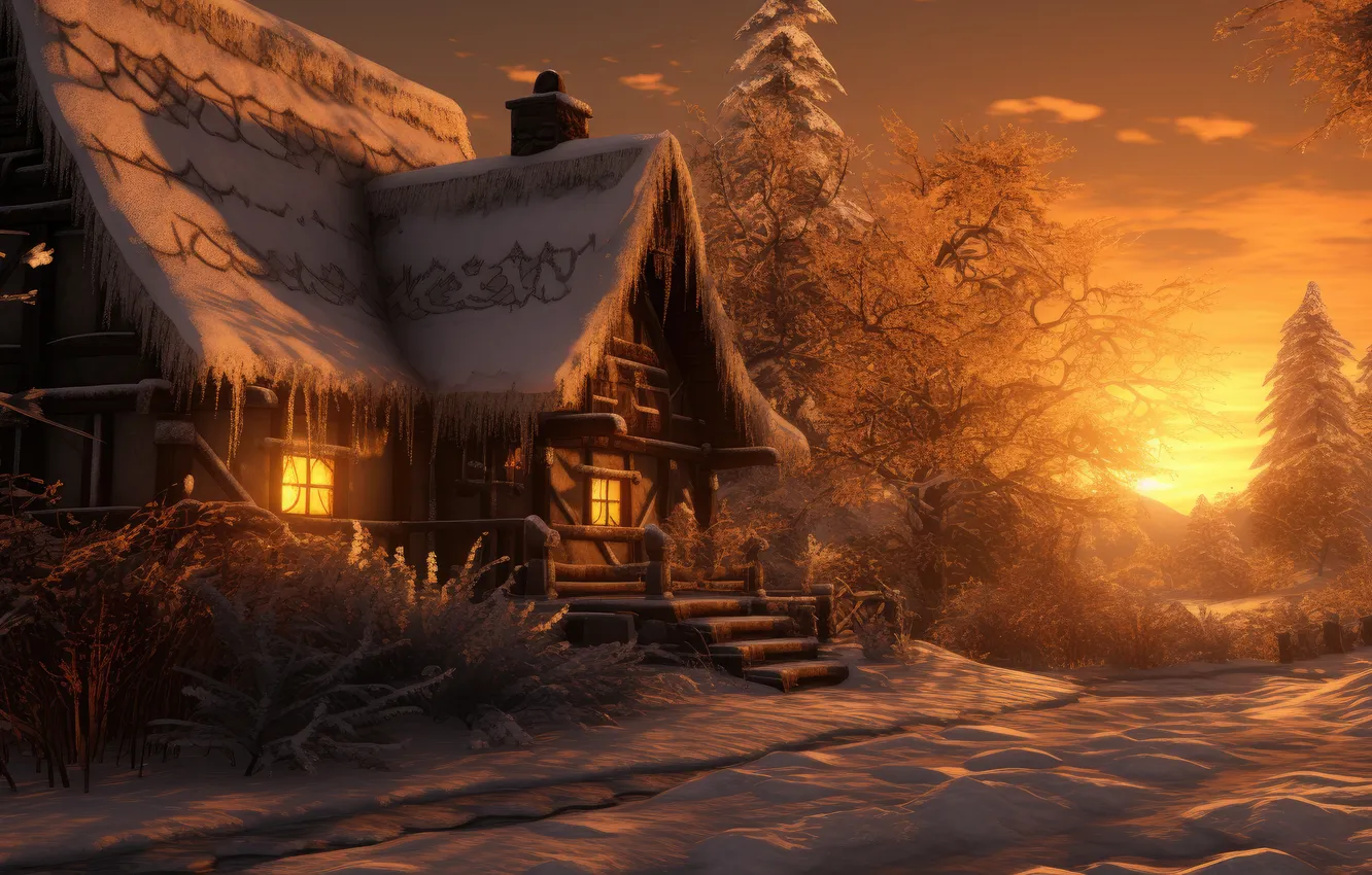 Photo wallpaper winter, forest, snow, mountains, night, nature, house, house
