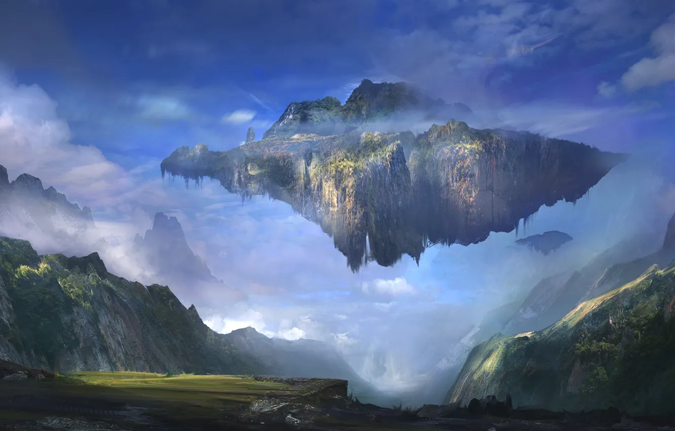 Photo wallpaper landscape, mountains, island, art, flying, Sergey Zabelin