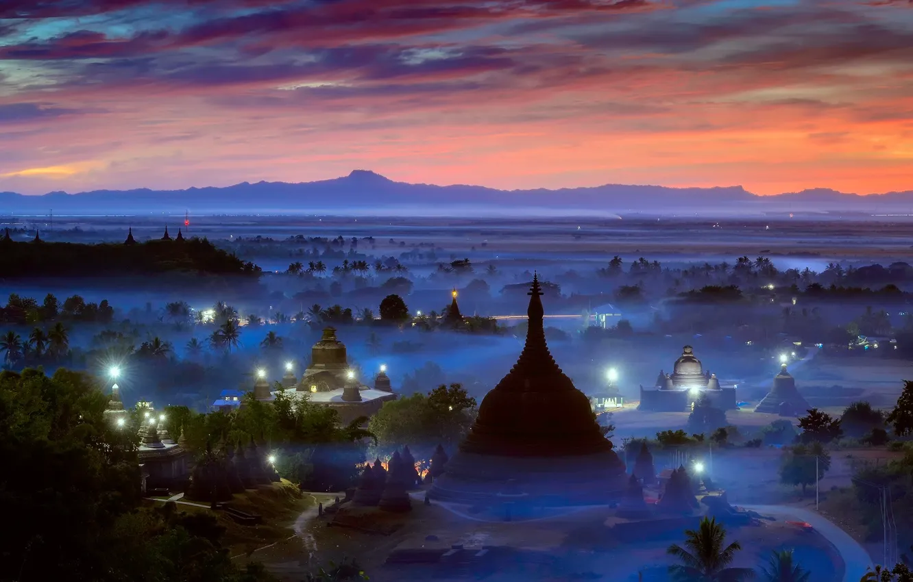 Photo wallpaper lights, fog, the evening, morning, haze, Burma, temples