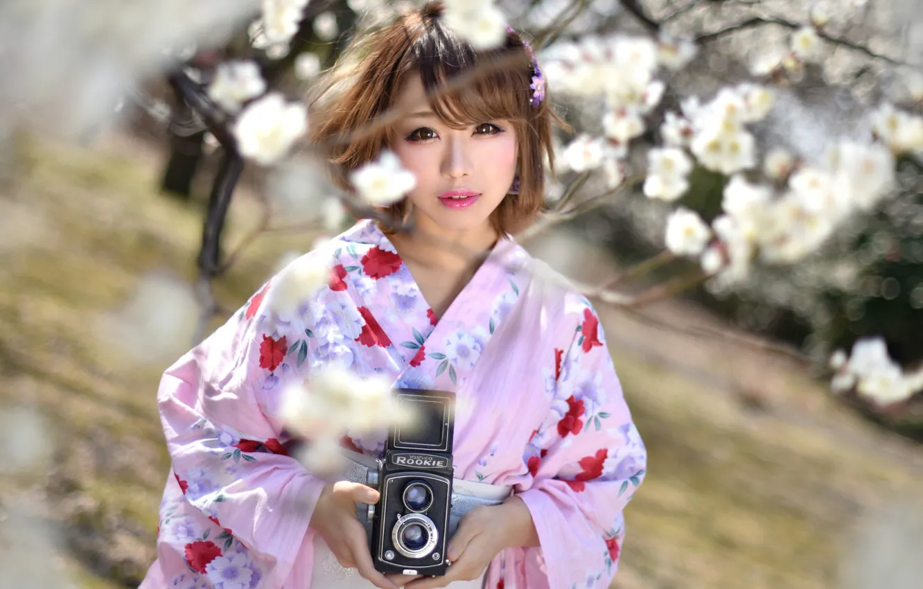Photo wallpaper girl, camera, Asian