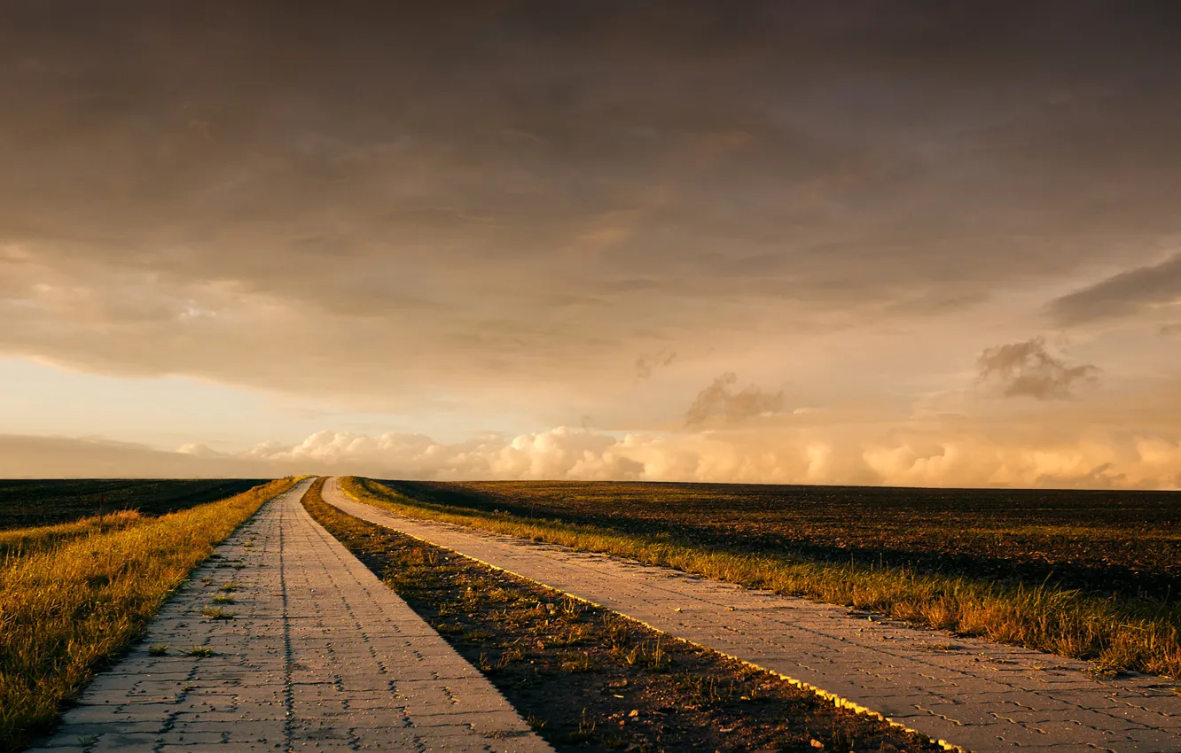 Photo wallpaper road, field, clouds, horizon, farm