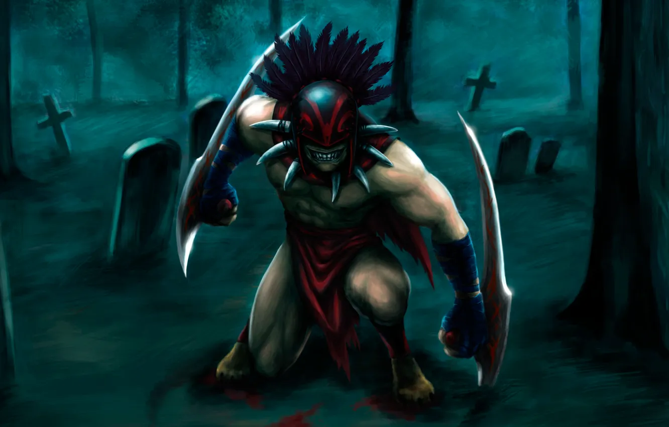 Photo wallpaper forest, night, weapons, graves, blood, feathers, art, cemetery