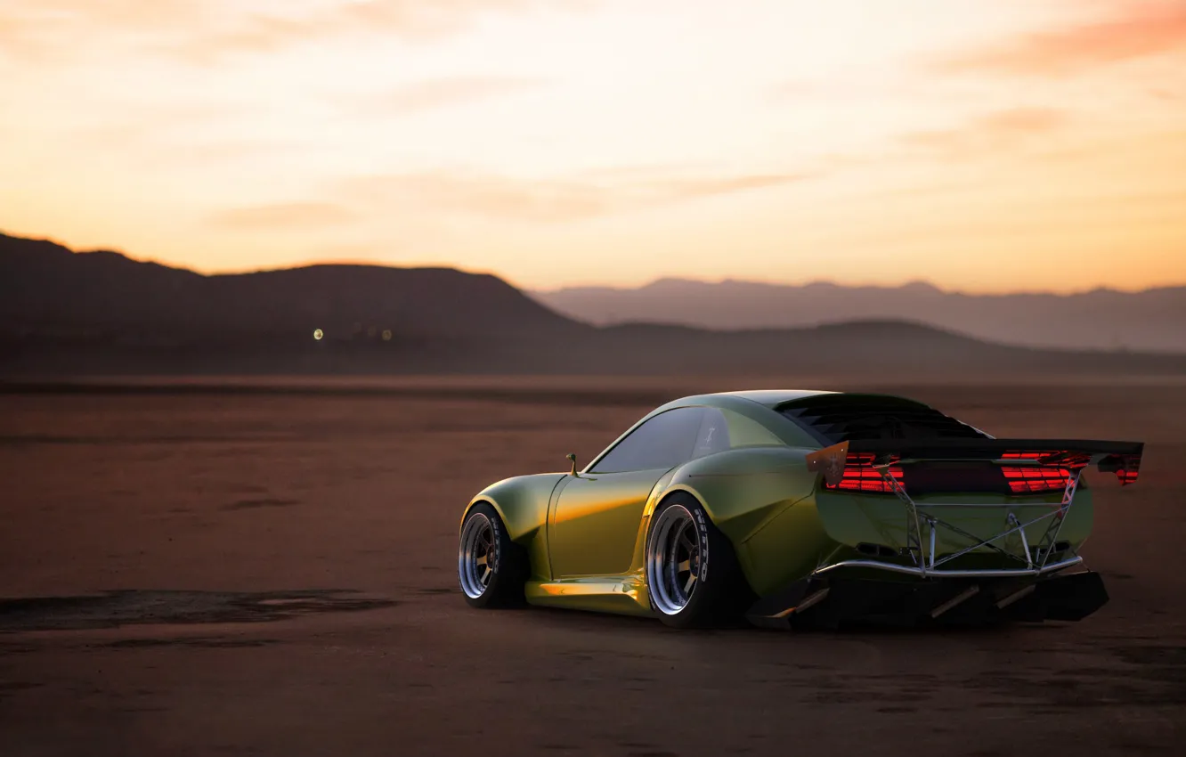 Photo wallpaper machine, auto, sunset, green, rendering, the evening, Pontiac, Firebird