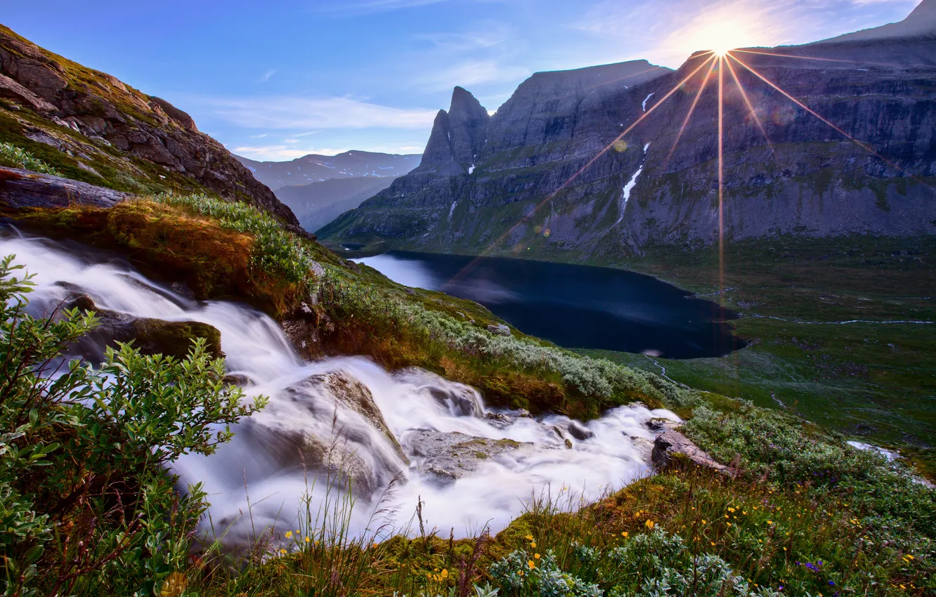 Photo wallpaper the sky, the sun, rays, mountains, stream, slope